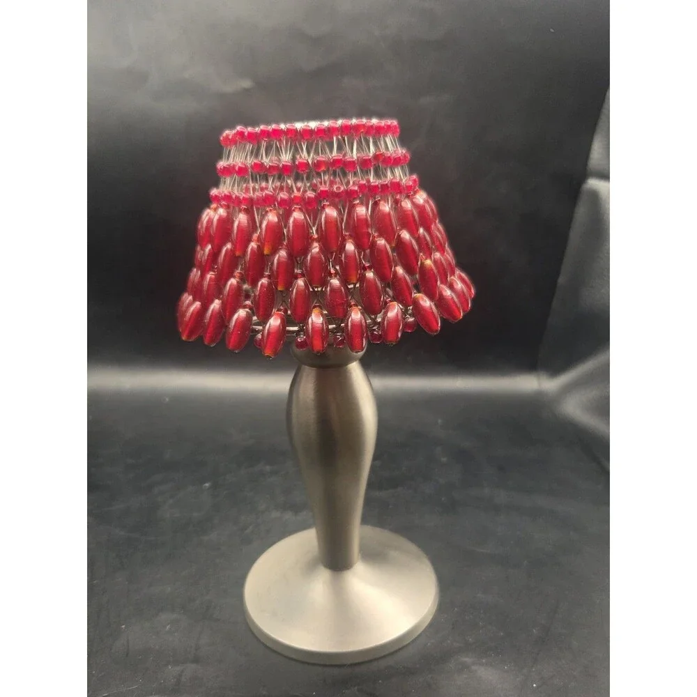 Vtg Pottery Barn Candle Holder Merlot Red Crimson Beaded Shade Fairy Light Lamp